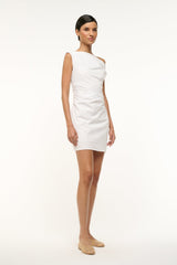 White mini dress with asymmetrical neckline, sleeveless fitted silhouette