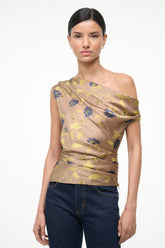 Front view: draped one-shoulder silk top with vintage floral print and cowl neckline