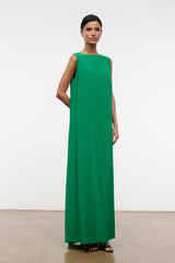 Green sleeveless maxi silk dress with crew neckline and straight skirt