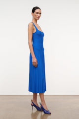 Cobalt blue sleeveless midi knit dress with square neckline and pleated skirt