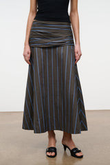 SOL striped midi skirt with gathered waist, vertical blue lines and pleated A-line hem