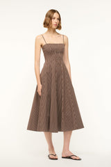 Dark brown micro-striped midi dress with spaghetti straps and pleated skirt