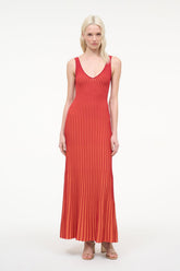 Sleeveless V-neck maxi dress with vertical sunburst stripes, coral red