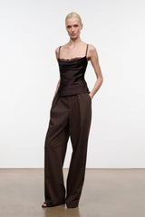 Dark brown silk cami with lace bust panel and draped cowl front