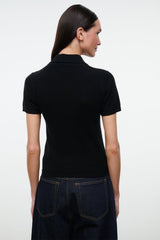 Black GINO cashmere polo sweater, back view, short sleeves and ribbed collar