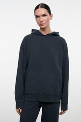 Dark washed-black hoodie with hood and kangaroo pocket, long sleeves
