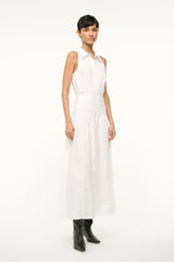 White sleeveless dress with collared top and fitted waist with layered skirt