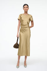 Silk midi dress in antique gold with short sleeves and side-draped waist