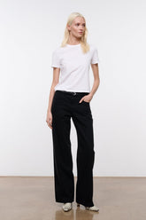 Black relaxed jeans, wide-leg fit with belt loops, front closure, and side pockets