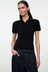 Black GINO cashmere polo sweater with short sleeves and buttoned collar