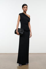 Black one-shoulder draped maxi dress, sleeveless with fitted floor-length skirt