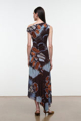 Back view one-shoulder printed maxi dress with draped skirt, blue and rust abstract