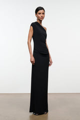 Black one-shoulder draped maxi dress, sleeveless, angled front view
