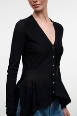 Black V-neck button-front peplum top with multicolor buttons