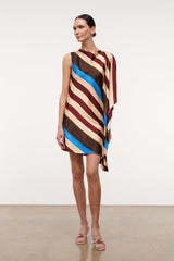 Sleeveless striped silk dress with asymmetrical poncho-style drape and blue trim