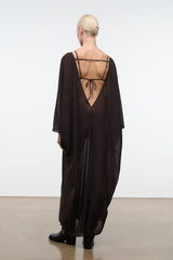 NOUR espresso dress open V-back with thin straps and tied back bow