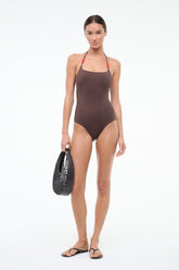 Dark brown halter one-piece swimsuit with halter back tie and red beaded straps
