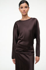 Silk dress portrait view: dark brown long sleeves, boat neckline, ruched waist detail.