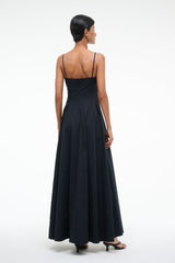 Black maxi dress back view with spaghetti straps and gathered skirt