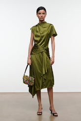 Olive silk dress front view with twisted waist, high neck, short sleeves, asym hem