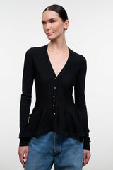 Black V-neck button-front long-sleeve top with peplum hem