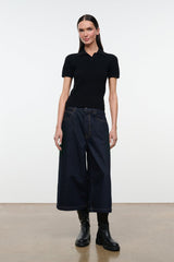 Hunter indigo denim culotte jeans, front view with patch pockets, belt loops, wide leg