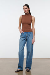 Brown sleeveless mock-neck knit top with ribbed texture, full-length view