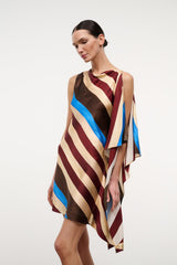 Silk dress with layered diagonal stripes, sleeveless drape and open shoulder styling