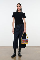 TOMMY beaded bag crossbody style, yellow trim, multicolor phone print on blue.