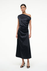 Black silk one-shoulder midi dress with ruched waist and side drape