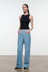 Sky blue suede pants with relaxed wide legs, belt loops, and front pockets.