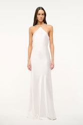 Pearl satin halter maxi dress with draped neckline