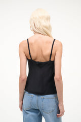 Black silk camisole top, lace trim at back neckline, spaghetti straps