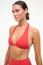 Red rose triangle bikini top with halter neck and V neckline