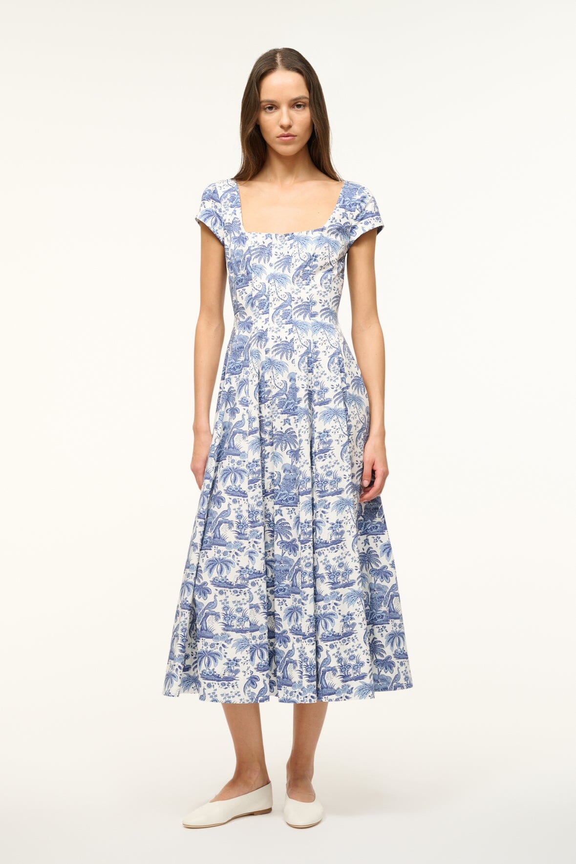 Blue toile midi dress with square neckline and short flutter cap sleeves