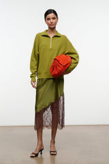 HUDSON cashmere sweater with half-zip placket, pear green pullover style and long sleeves
