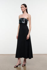 Black strapless midi dress with sparkling sequined corset-style bodice and flowing skirt