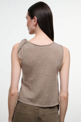 Back sleeveless draped top with gathered neck and open back, sesame beige