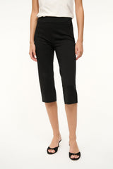 Black cropped pants with slim fit, mid-rise waist, side pockets, ankle length