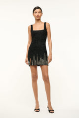 Sleeveless sequin mini dress with square neckline and NYC skyline hem artwork