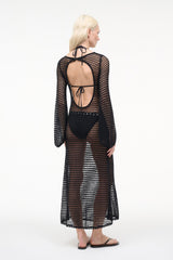 Black mesh maxi dress with open-back keyhole and long sleeves, back view