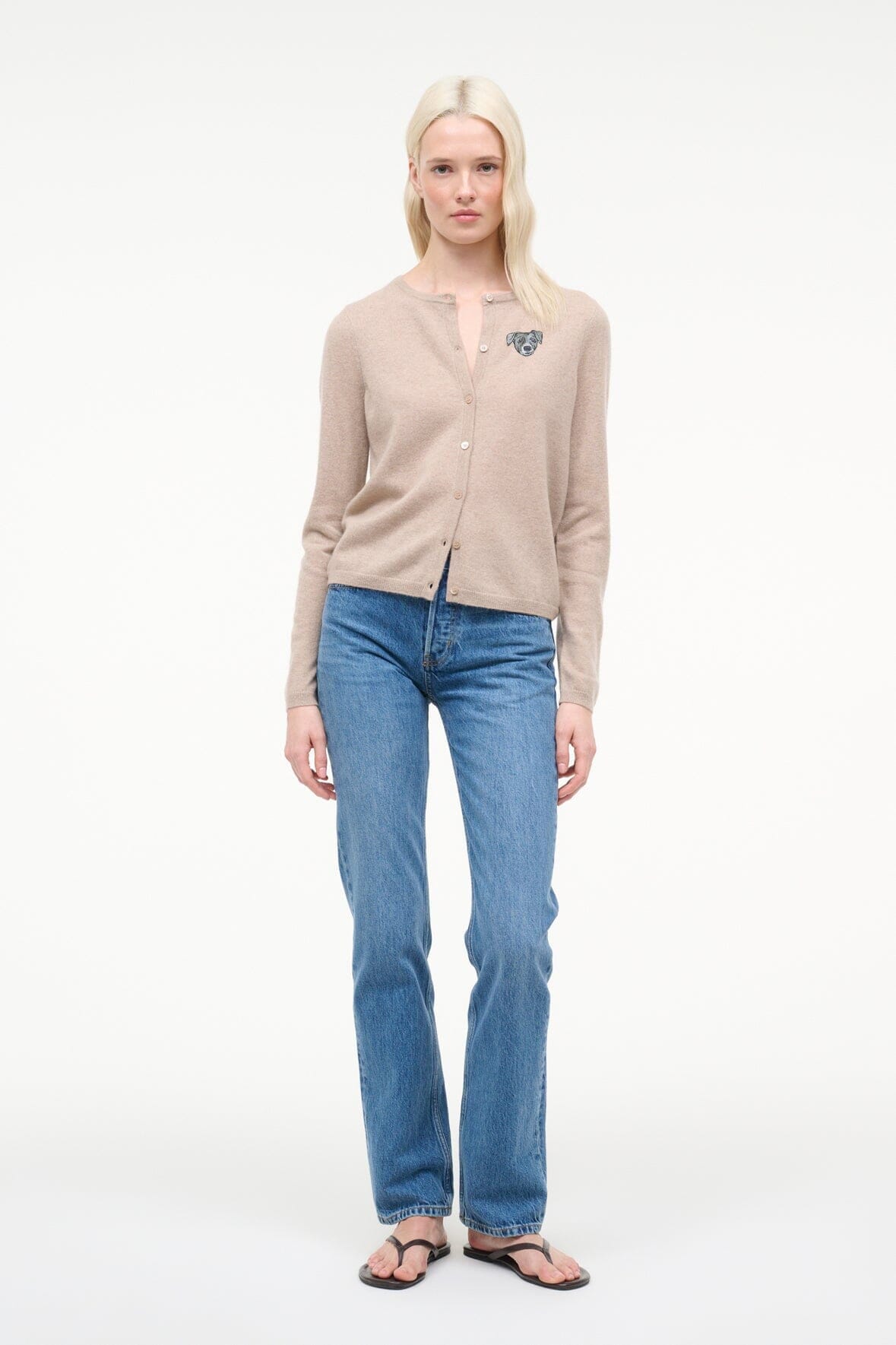 Stone cashmere cardigan with crest patch, button-front; full-length view