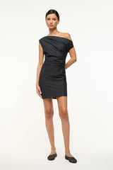 Black mini Phare dress, asymmetrical one-shoulder look with side ruching