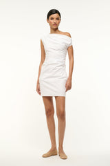 White mini dress with off-shoulder neckline and ruched waist
