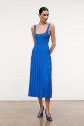 Cobalt blue sleeveless midi knit dress with square neckline and pleated hem