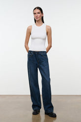 NOAH Heritage jeans dark indigo denim, high-rise wide leg, front view