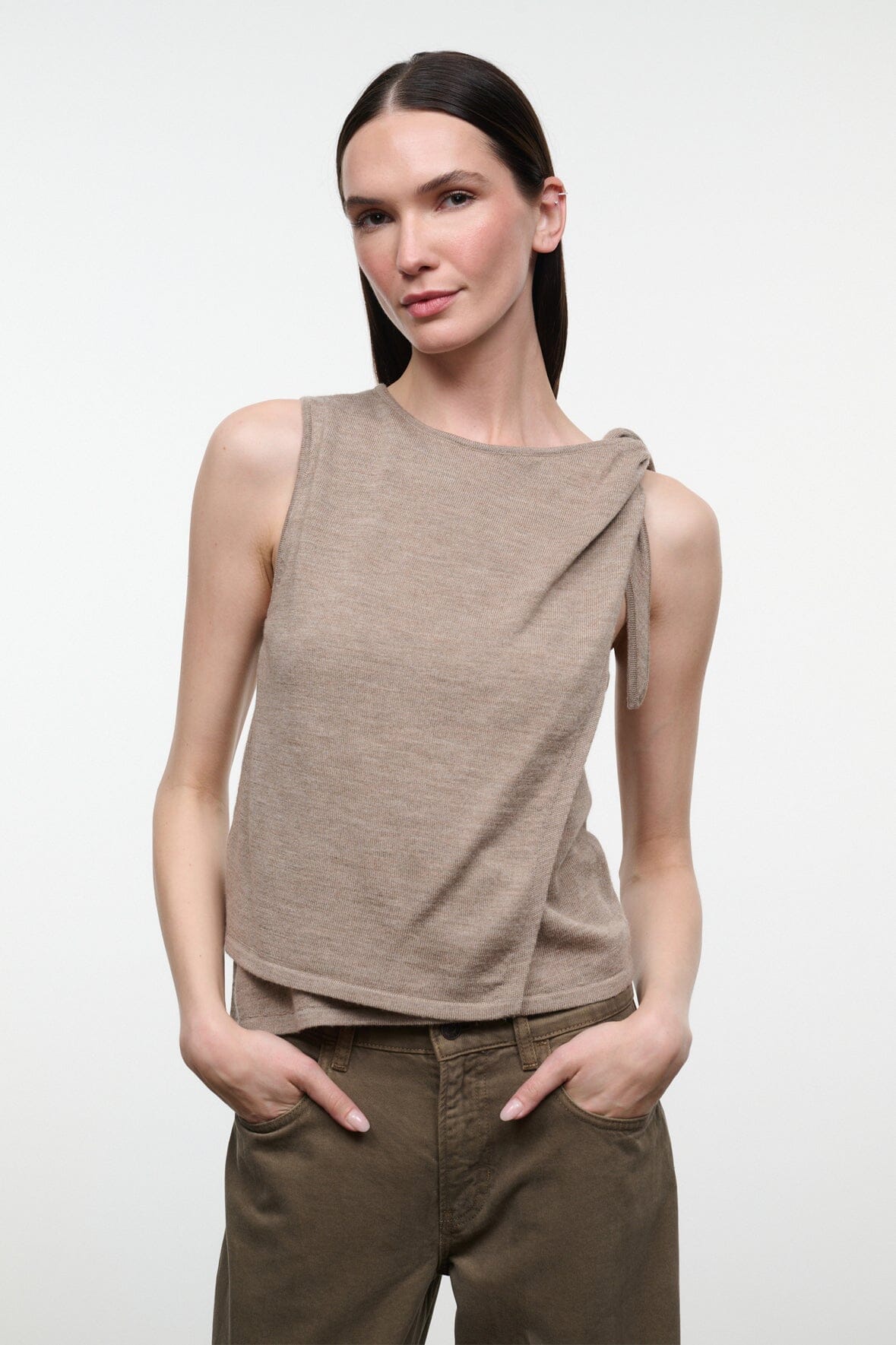 Sleeveless draped top with shoulder tie and asymmetric cowl, sesame beige