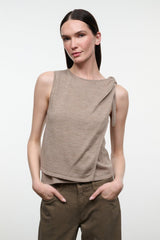 Sleeveless draped top with shoulder tie and asymmetric cowl, sesame beige