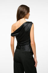 PHARE black silk one-shoulder top with draped back and gathered waist