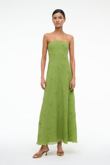 Garden green strapless maxi dress with textured finish and flowing skirt